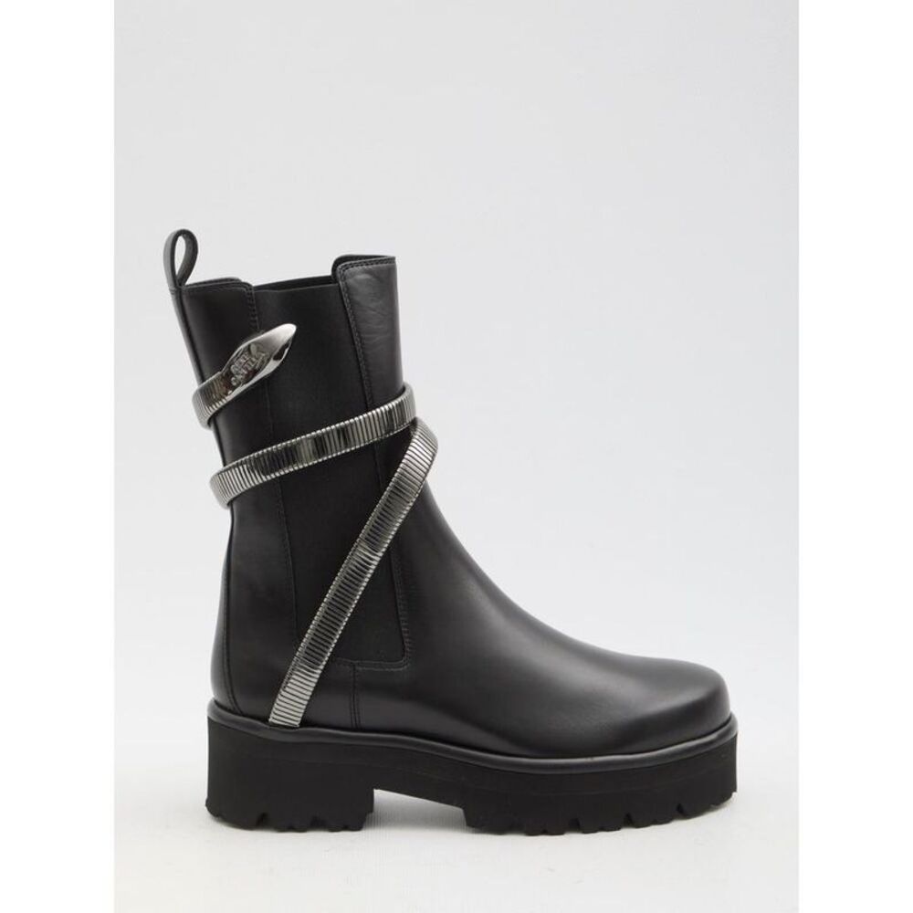 RENE CAOVILLA Women's Black Leather Ankle Boots with Snake Detail Women BLACK